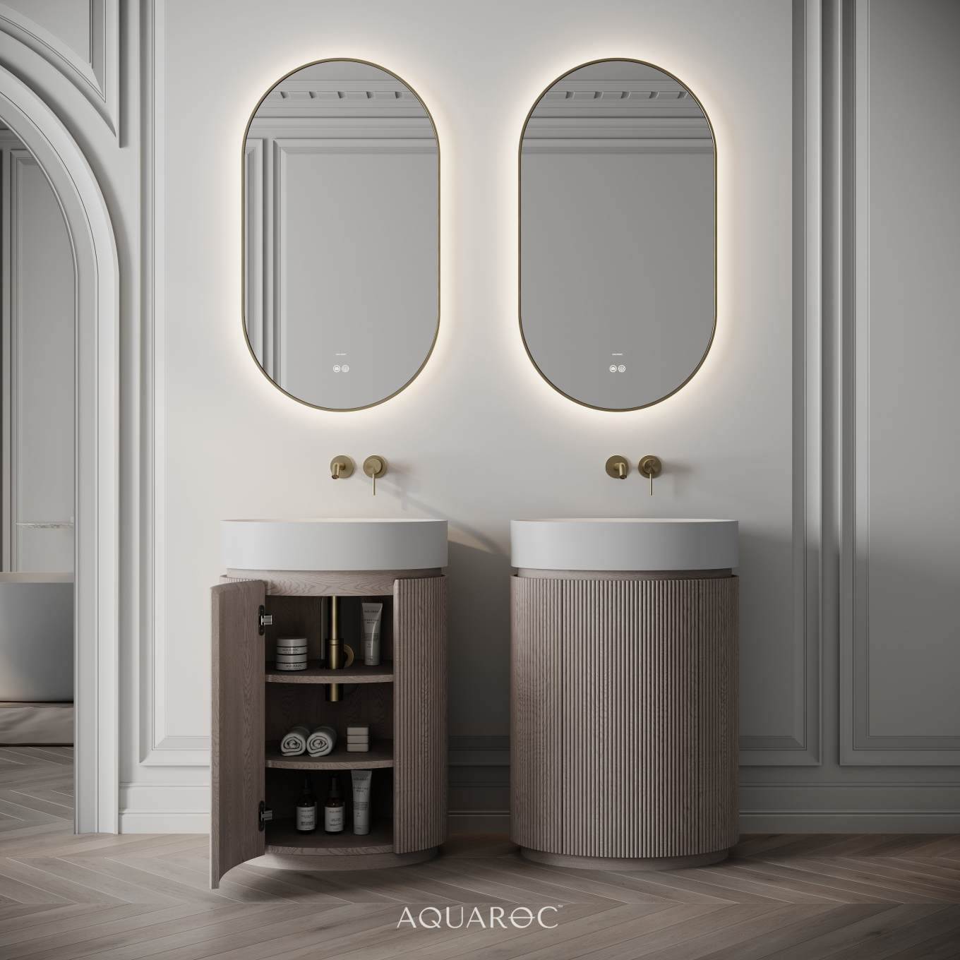 Rotunda Fluted Vanity Unit & Stone Basin 600mm Sabbia Grigio Oak